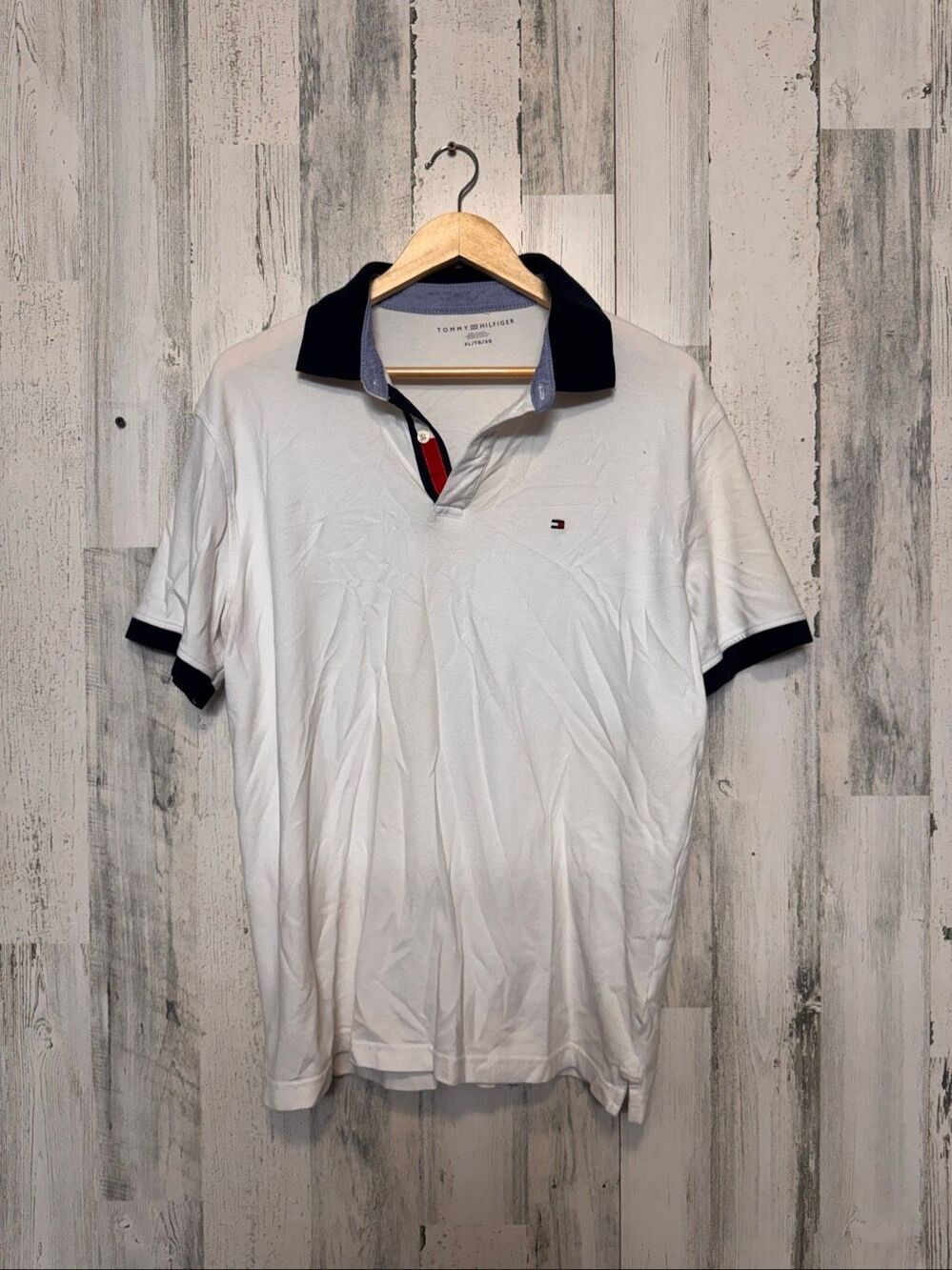 Tommy Hilfiger Stretch Pique Polo Shirt Mens XL White Navy Blue Collar Flag Logo